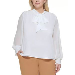 Calvin Klein Women's Plus Size Long Sleeve Pussycat Bow Blouse White